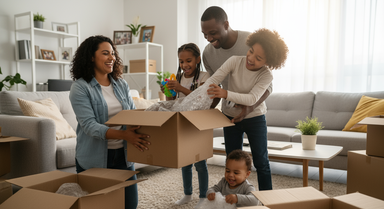 Familie die sich über Pakete freut 